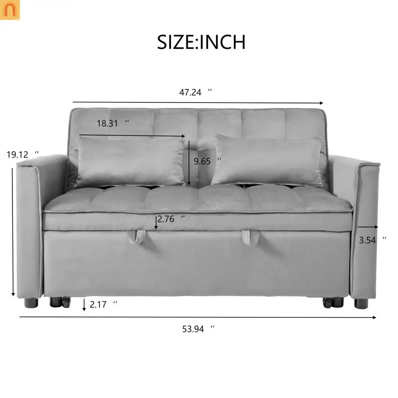 Sofa Convertible Velvet Light Gray Pull-Out Sleeper 57in Storage