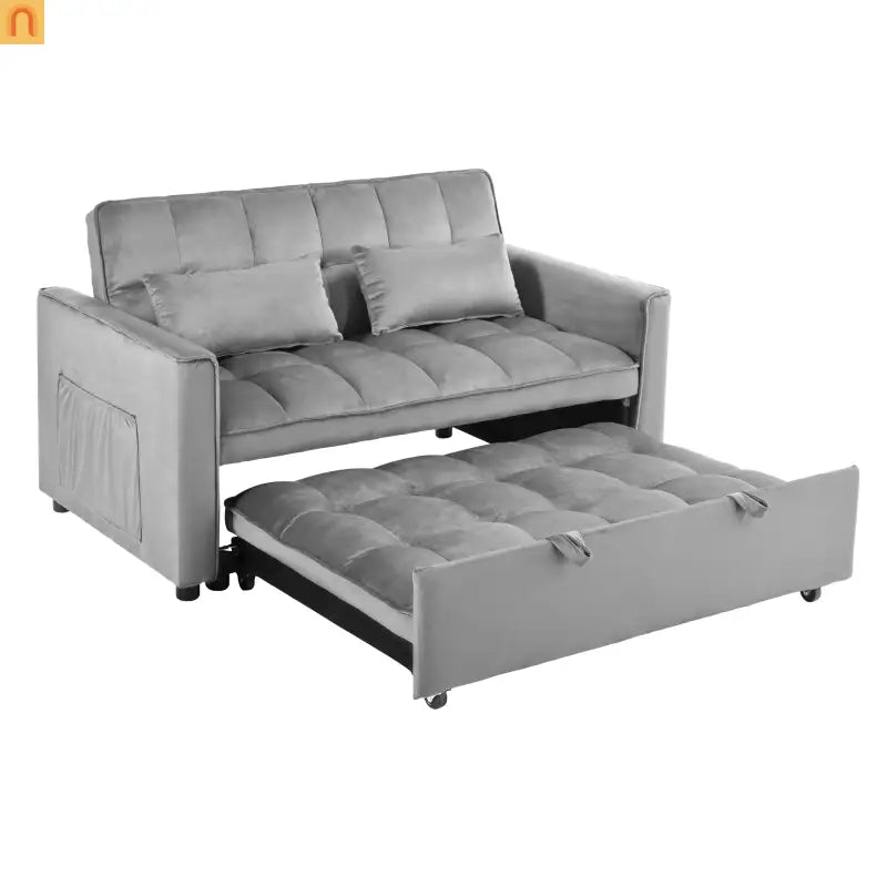 Sofa Convertible Velvet Light Gray Pull-Out Sleeper 57in Storage
