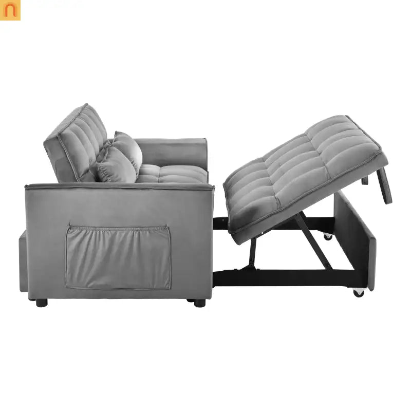 Sofa Convertible Velvet Light Gray Pull-Out Sleeper 57in Storage
