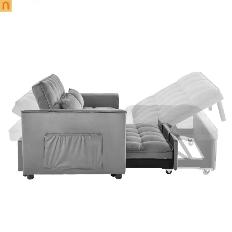 Sofa Convertible Velvet Light Gray Pull-Out Sleeper 57in Storage