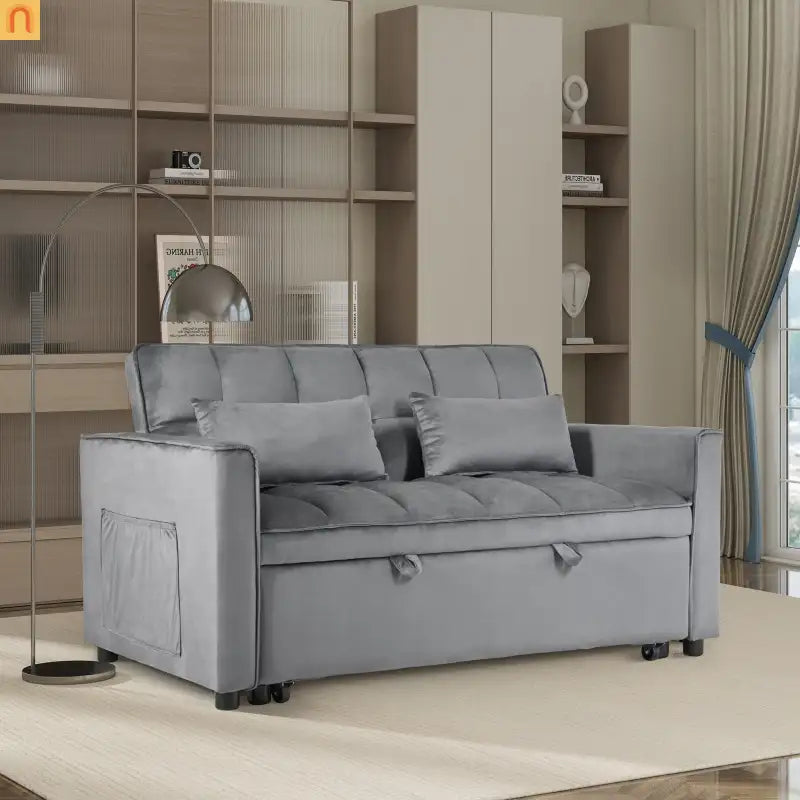 Sofa Convertible Velvet Light Gray Pull-Out Sleeper 57in Storage