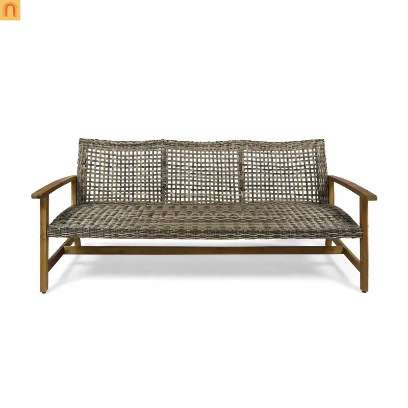 Outdoor Sofa 3-Seater Acacia Wood Wicker Natural Gray 75.5in