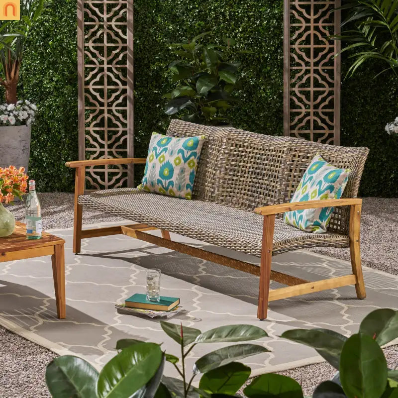 Outdoor Sofa 3-Seater Acacia Wood Wicker Natural Gray 75.5in
