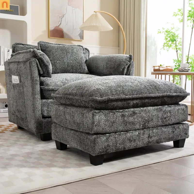 Sleeper Chair Oversized Boucle Dark Gray with Ottoman 55in Wide