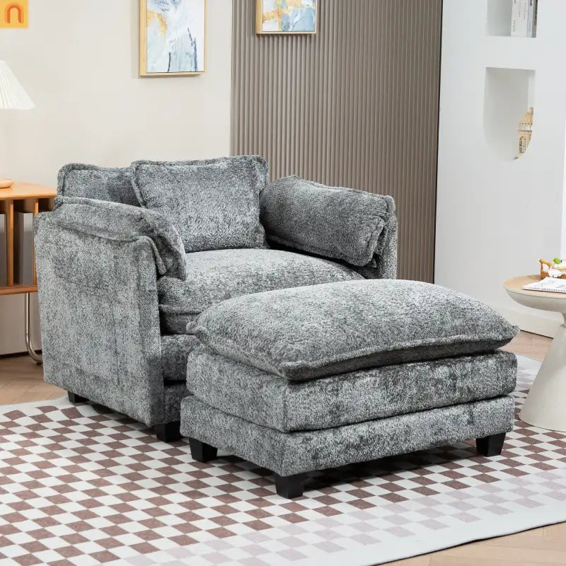 Sleeper Chair Oversized Boucle Dark Gray with Ottoman 55in Wide