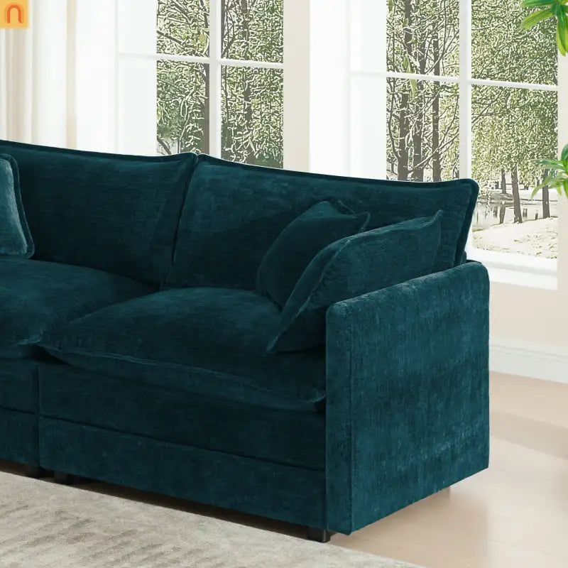 Sofa Set Modular Chenille Blue Deep Seat 7-Seat 3-Piece