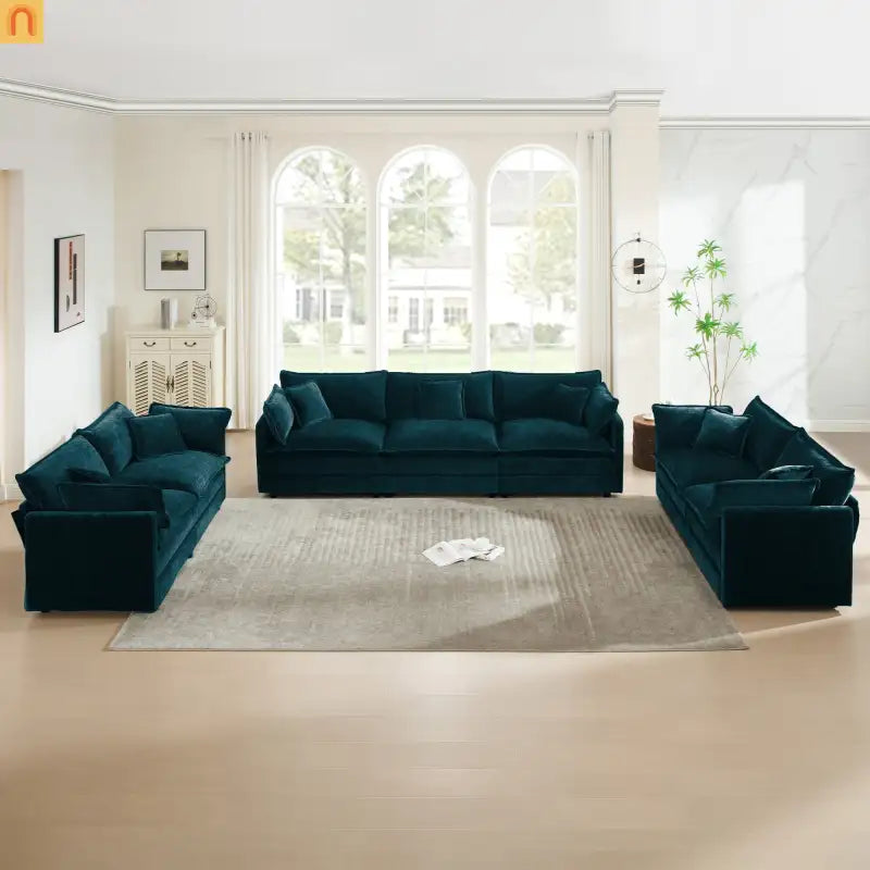 Sofa Set Modular Chenille Blue Deep Seat 7-Seat 3-Piece