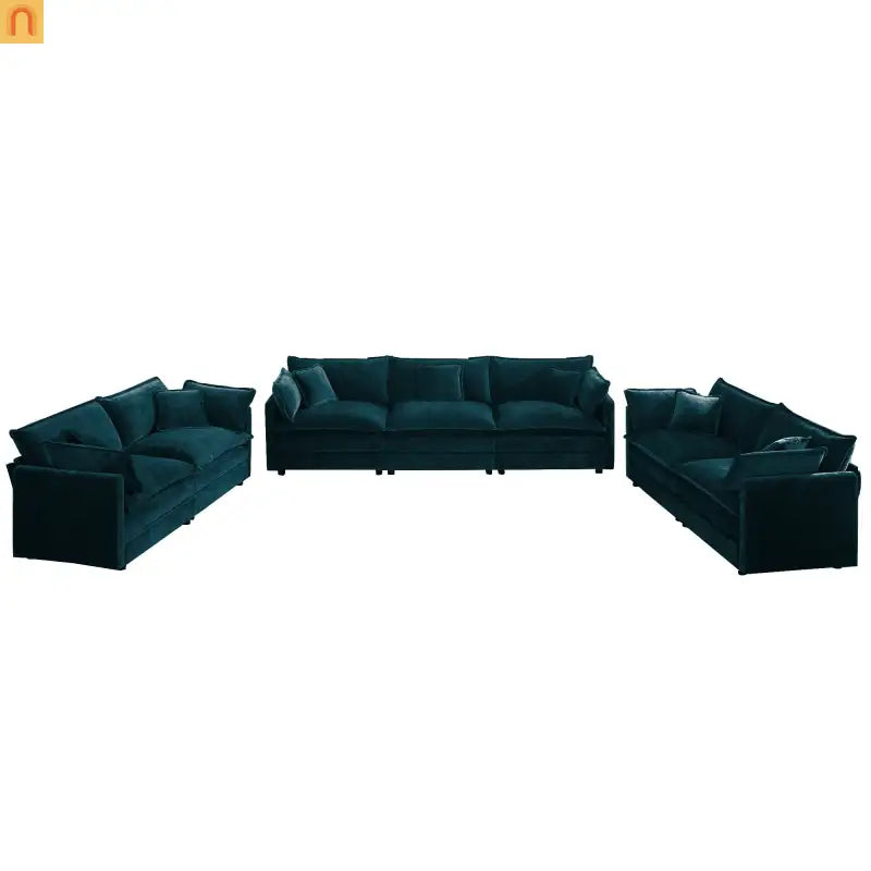 Sofa Set Modular Chenille Blue Deep Seat 7-Seat 3-Piece