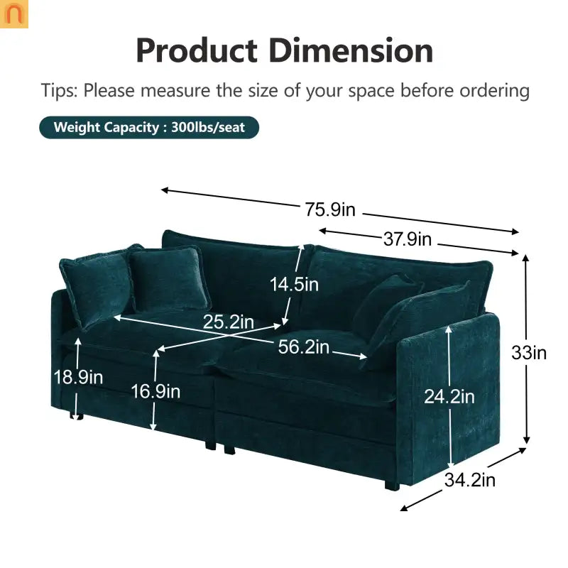 Sofa Set Modular Chenille Blue Deep Seat 7-Seat 3-Piece