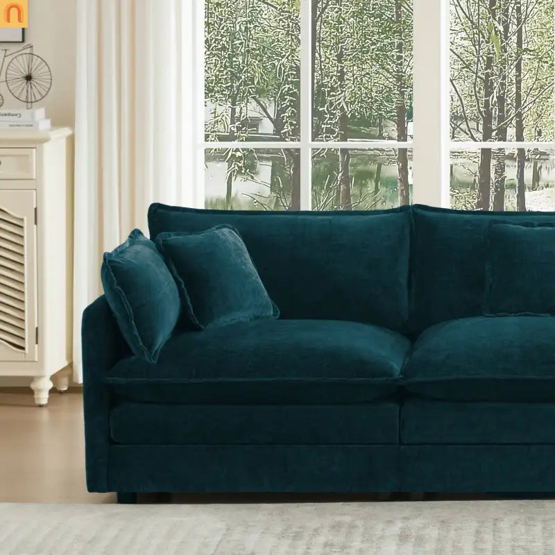 Sofa Set Modular Chenille Blue Deep Seat 7-Seat 3-Piece