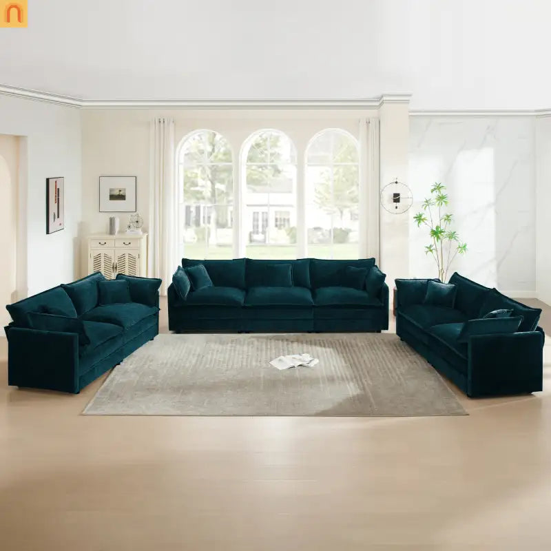 Sofa Set Modular Chenille Blue Deep Seat 7-Seat 3-Piece