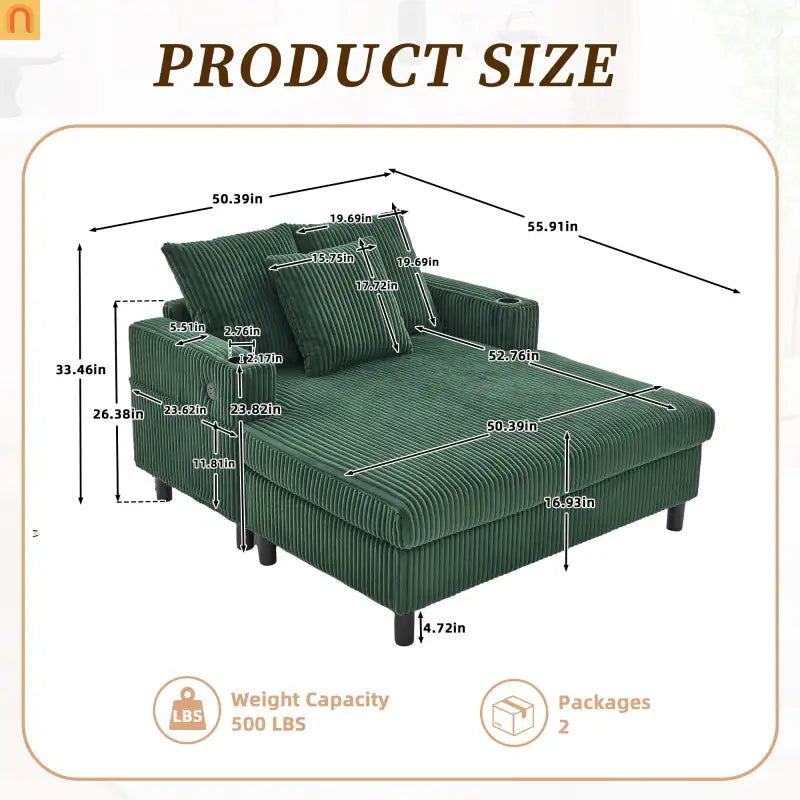 Sleeper Recliner Corduroy Emerald Oversized USB Cup Holders 56in