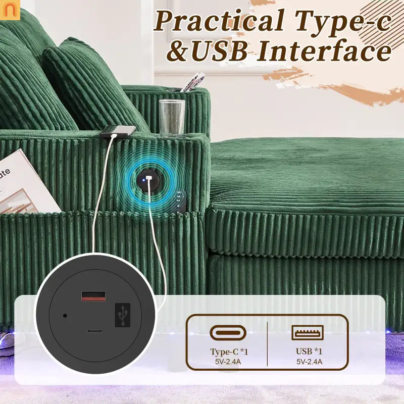 Sleeper Recliner Corduroy Emerald Oversized USB Cup Holders 56in
