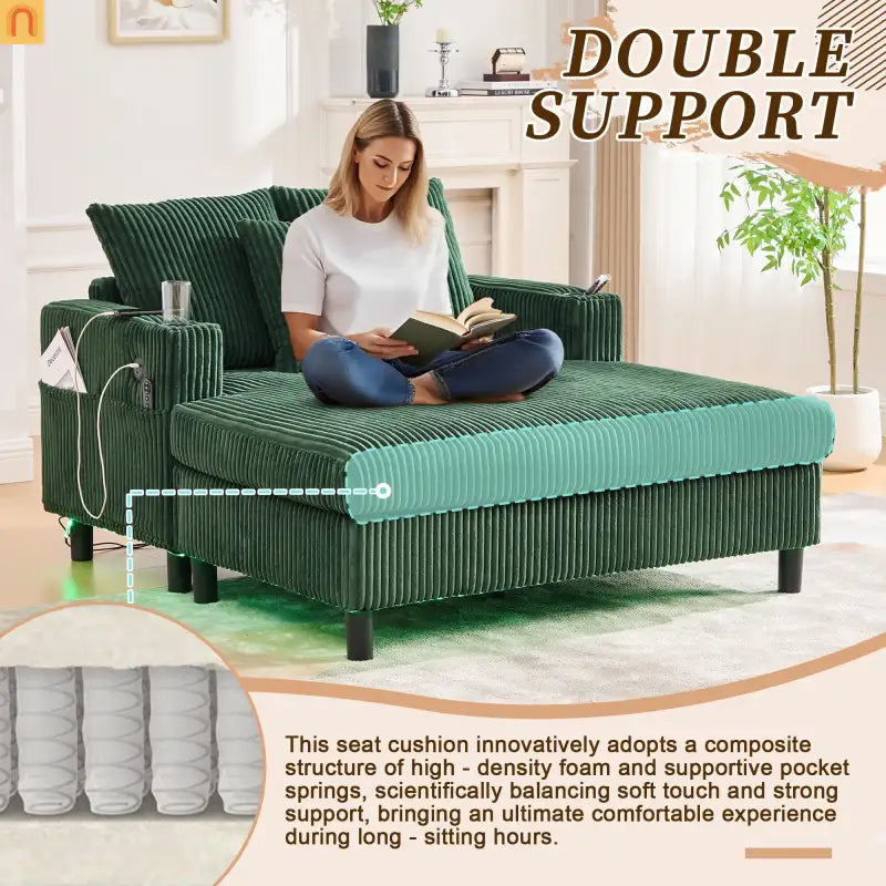 Sleeper Recliner Corduroy Emerald Oversized USB Cup Holders 56in