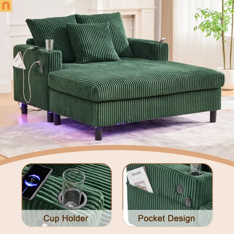 Sleeper Recliner Corduroy Emerald Oversized USB Cup Holders 56in