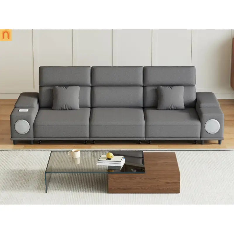 Sofa Power Recliner Light Gray Polyester Bluetooth USB 127in