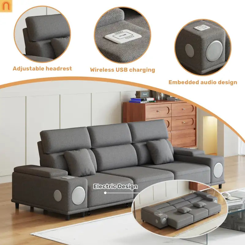 Sofa Power Recliner Light Gray Polyester Bluetooth USB 127in