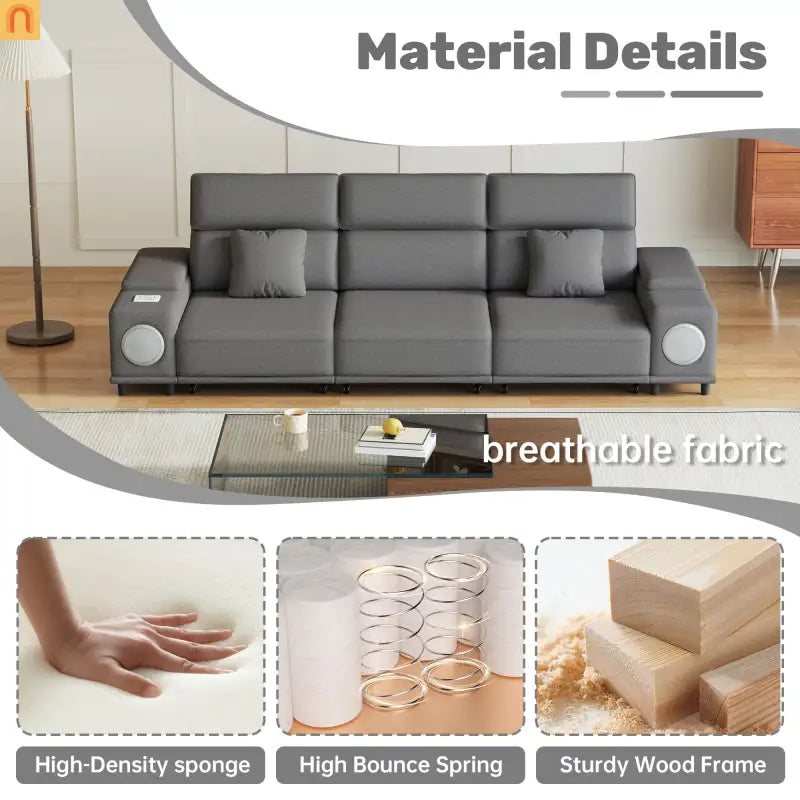 Sofa Power Recliner Light Gray Polyester Bluetooth USB 127in