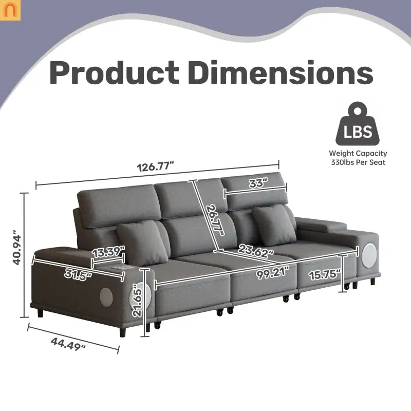 Sofa Power Recliner Light Gray Polyester Bluetooth USB 127in