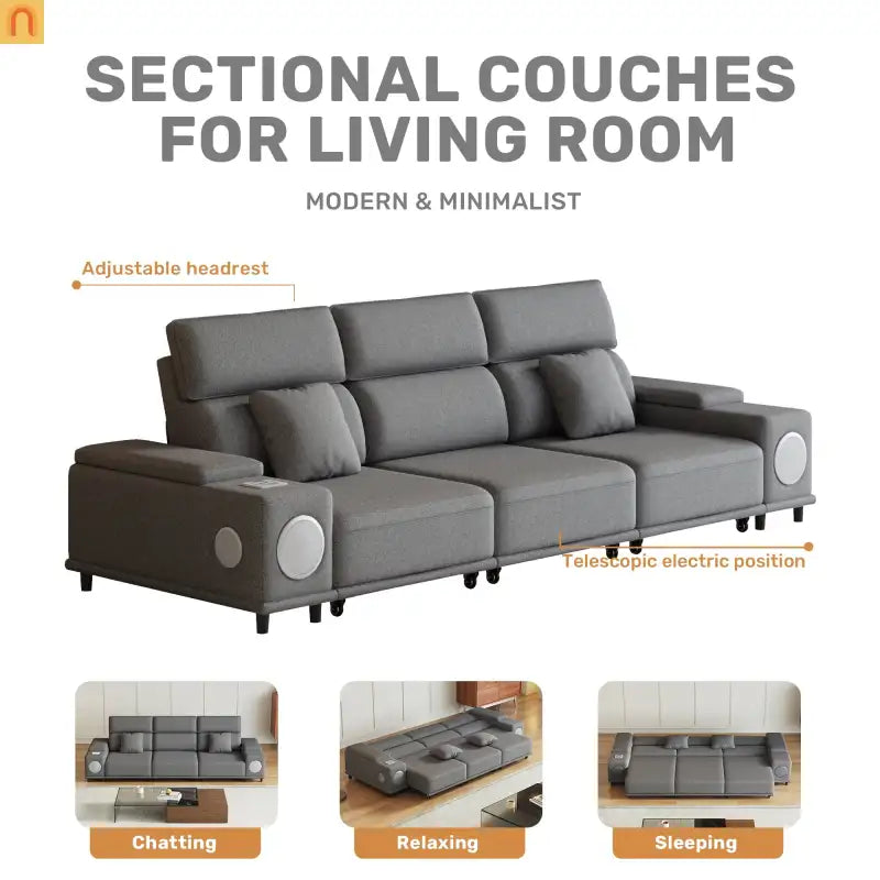Sofa Power Recliner Light Gray Polyester Bluetooth USB 127in