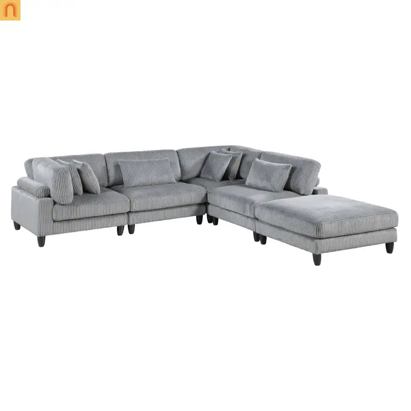 Sectional Sofa Modular Corduroy Gray 5-Seat 120in Ottoman