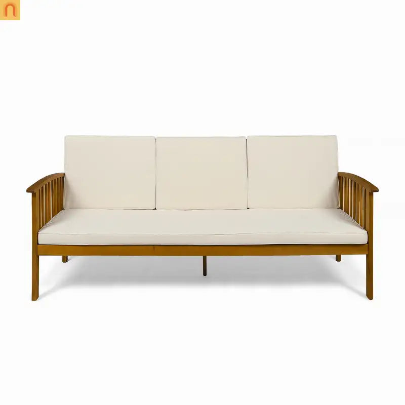 Outdoor Patio Sofa Acacia Wood Cream 3-Seater Waterproof 77.75in