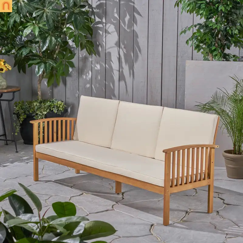 Outdoor Patio Sofa Acacia Wood Cream 3-Seater Waterproof 77.75in