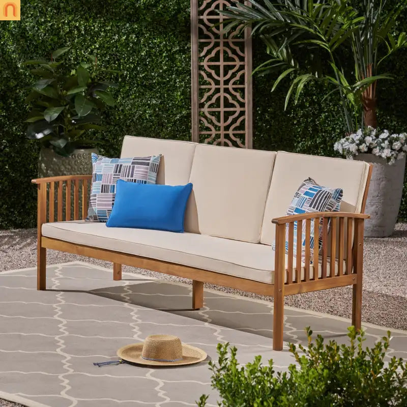Outdoor Patio Sofa Acacia Wood Cream 3-Seater Waterproof 77.75in