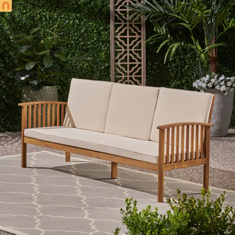 Outdoor Patio Sofa Acacia Wood Cream 3-Seater Waterproof 77.75in