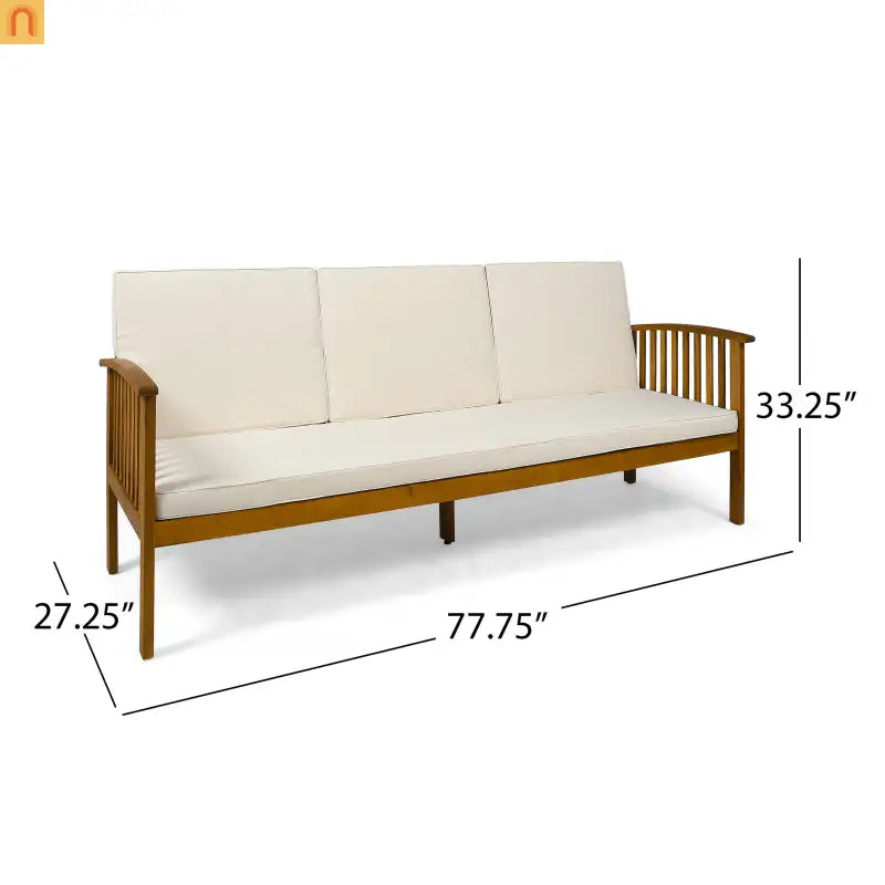 Outdoor Patio Sofa Acacia Wood Cream 3-Seater Waterproof 77.75in