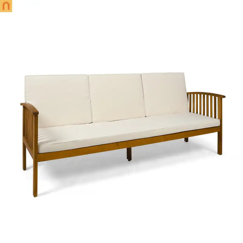 Outdoor Patio Sofa Acacia Wood Cream 3-Seater Waterproof 77.75in