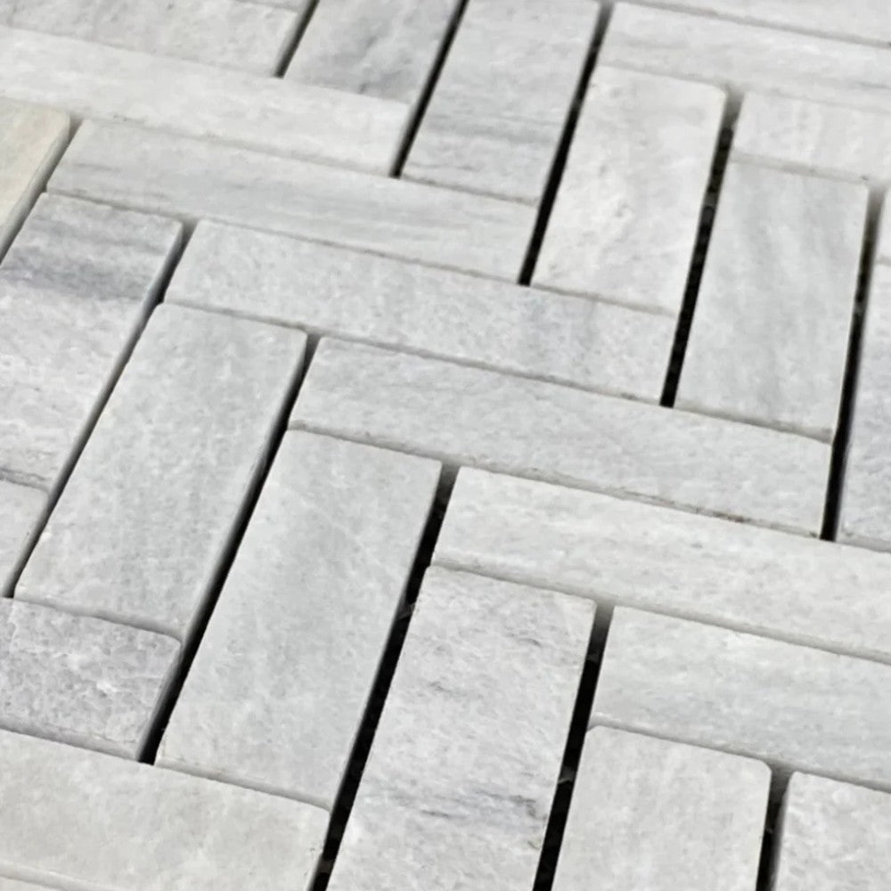 White Herringbone Marble Mosaic Tile 1x3 - 12x12 Pre Assembled