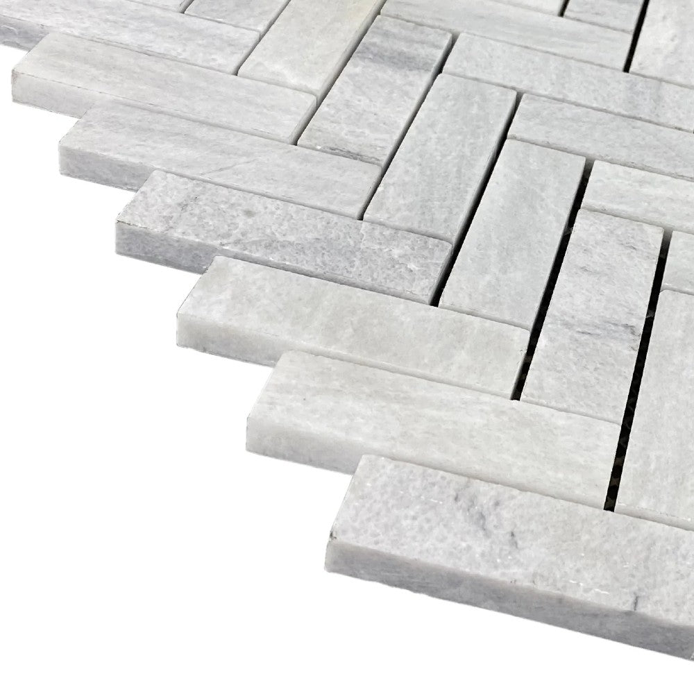 White Herringbone Marble Mosaic Tile 1x3 - 12x12 Pre Assembled