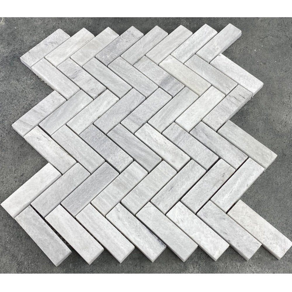 White Herringbone Marble Mosaic Tile 1x3 - 12x12 Pre Assembled