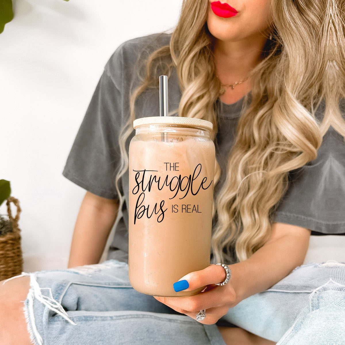Struggle Bus 17oz Glass Tumbler Bamboo Lid 2 SS Straws and Cleaner Brush