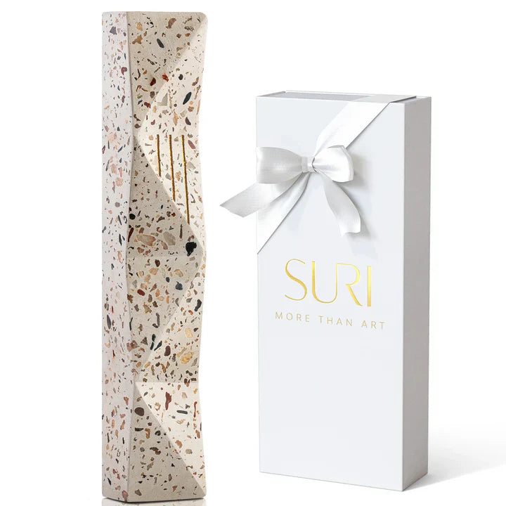 Terrazzo Mezuzah with Gold Engraving in Earthy Natural Tones – Wave Series
