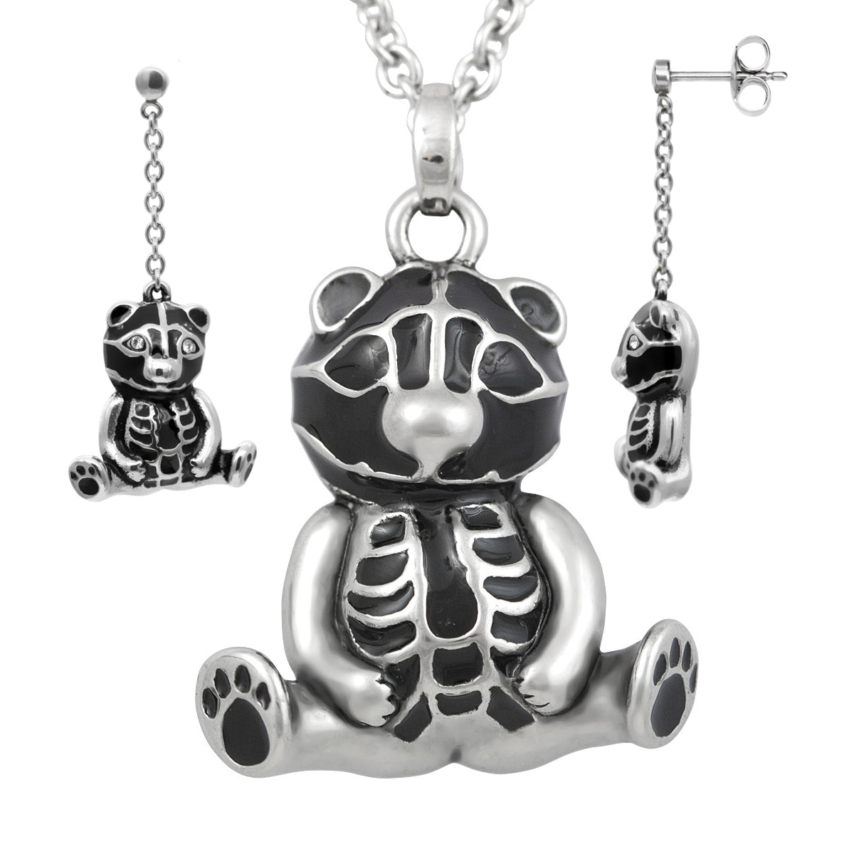 Teddy Bear Cute Necklace Earrings Set Silver Pendant