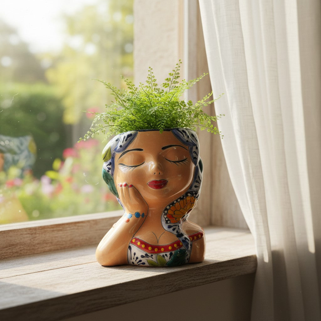 Hand-Painted Talavera Ceramic Lady Planter | Mexican Artwork Decor
