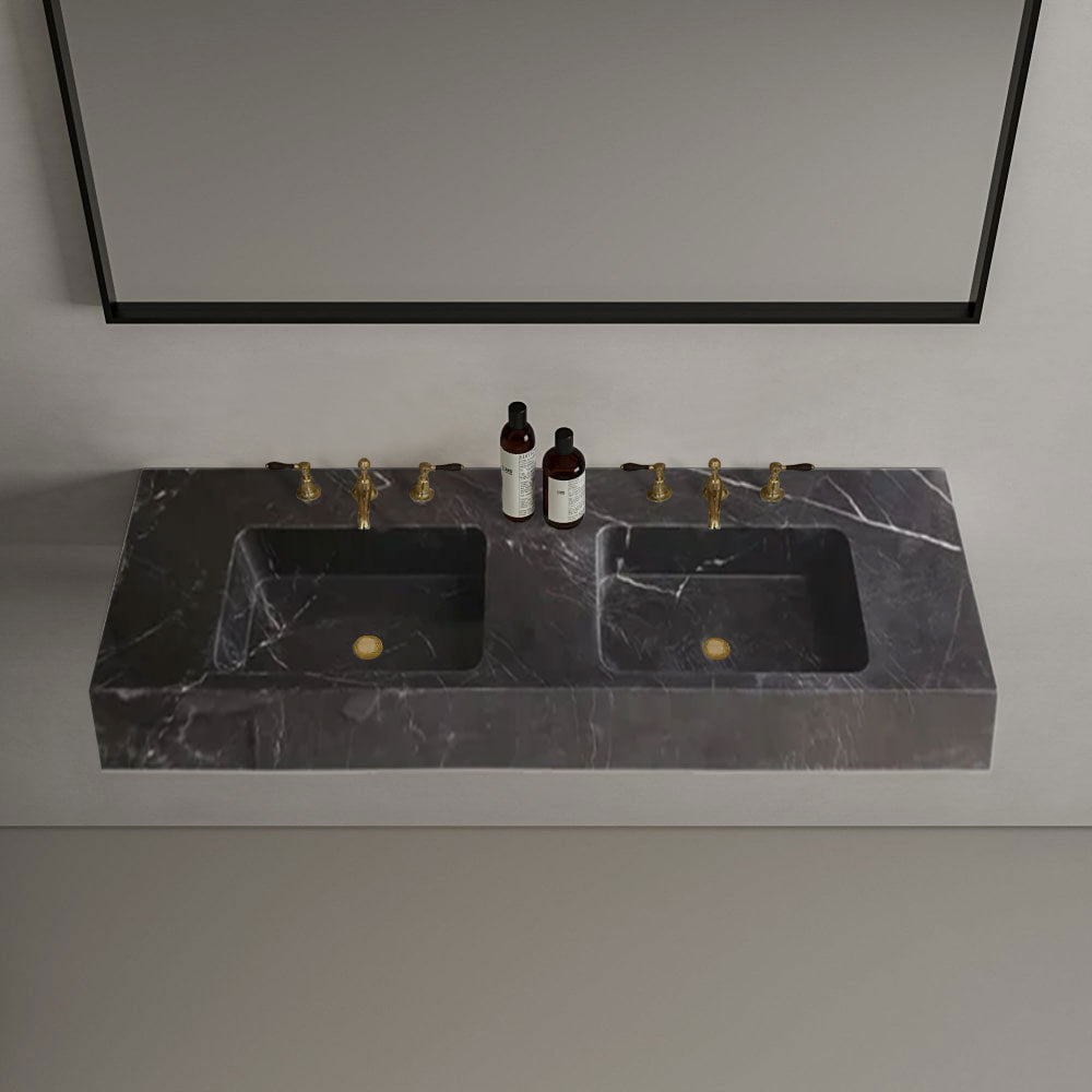 Black Marble Double Sink Wall-Mount Bathroom Vanity - Polished