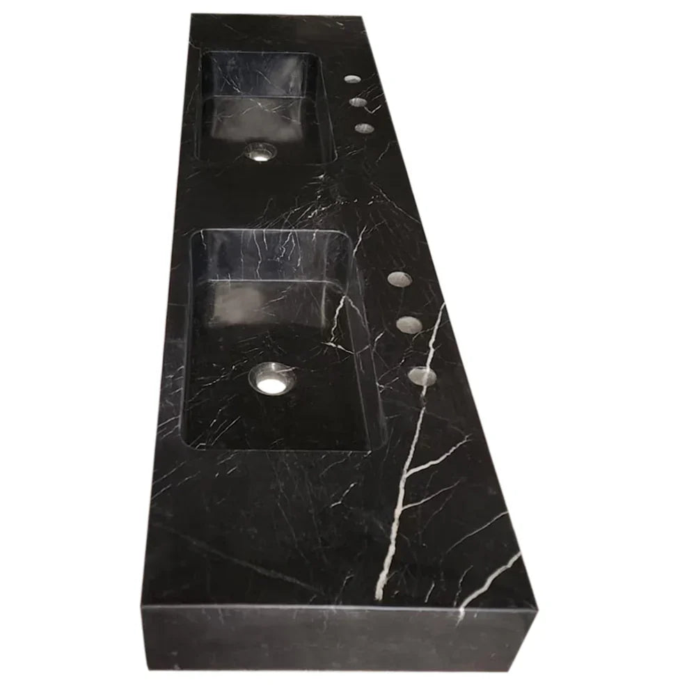 Black Marble Double Sink Wall-Mount Bathroom Vanity - Polished