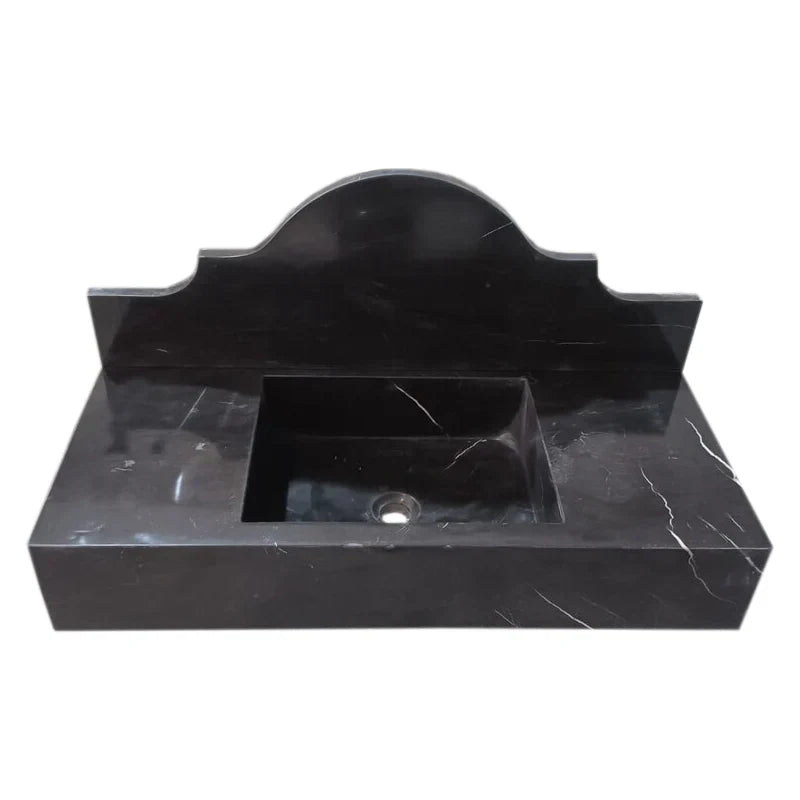 Black Marble Wall Mount Bathroom Sink with Polished Backsplash 15 x 33 x 6 Inches