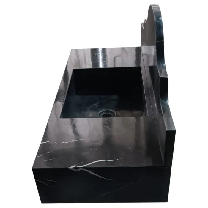 Black Marble Wall Mount Bathroom Sink with Polished Backsplash 15 x 33 x 6 Inches