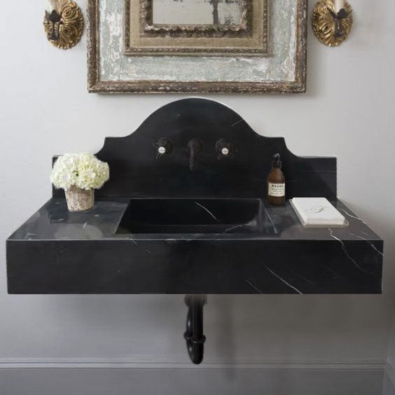 Black Marble Wall Mount Bathroom Sink with Polished Backsplash 15 x 33 x 6 Inches