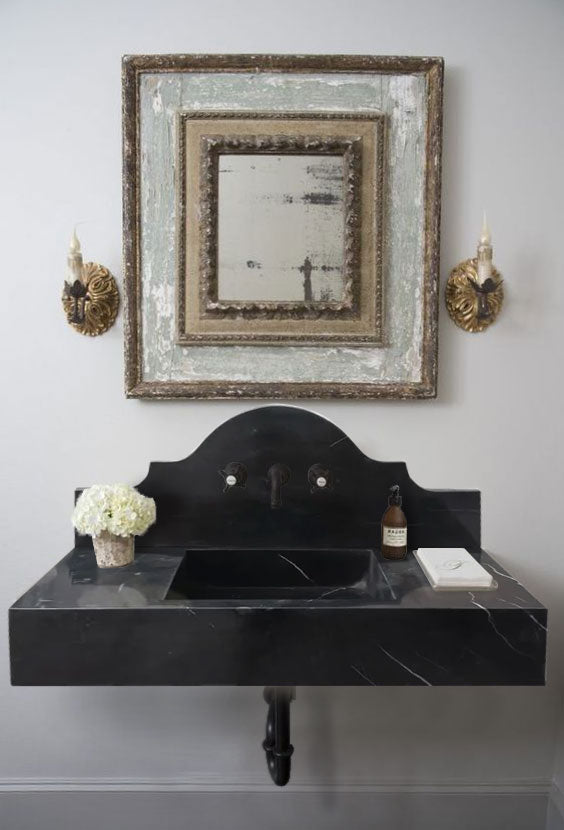 Black Marble Wall Mount Bathroom Sink with Polished Backsplash 15 x 33 x 6 Inches
