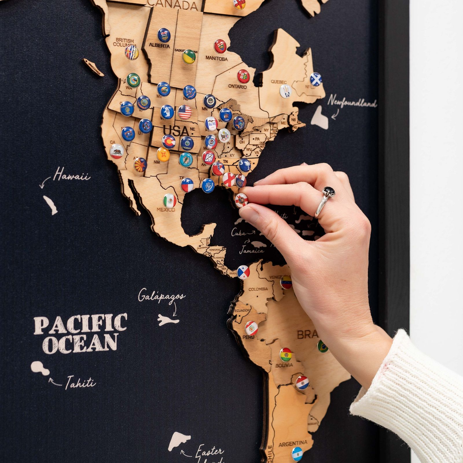 3D Wooden Triptych World Map Gold