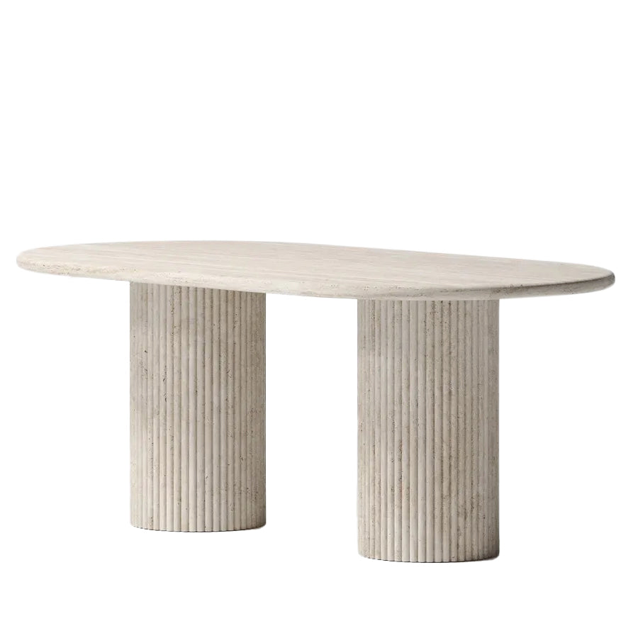 Travertine Oval Dining Table Light Stone Fluted Round Legs