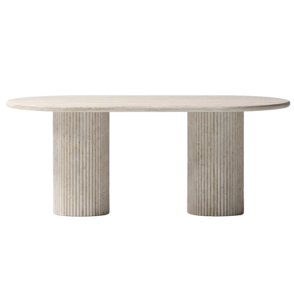 Travertine Oval Dining Table Light Stone Fluted Round Legs