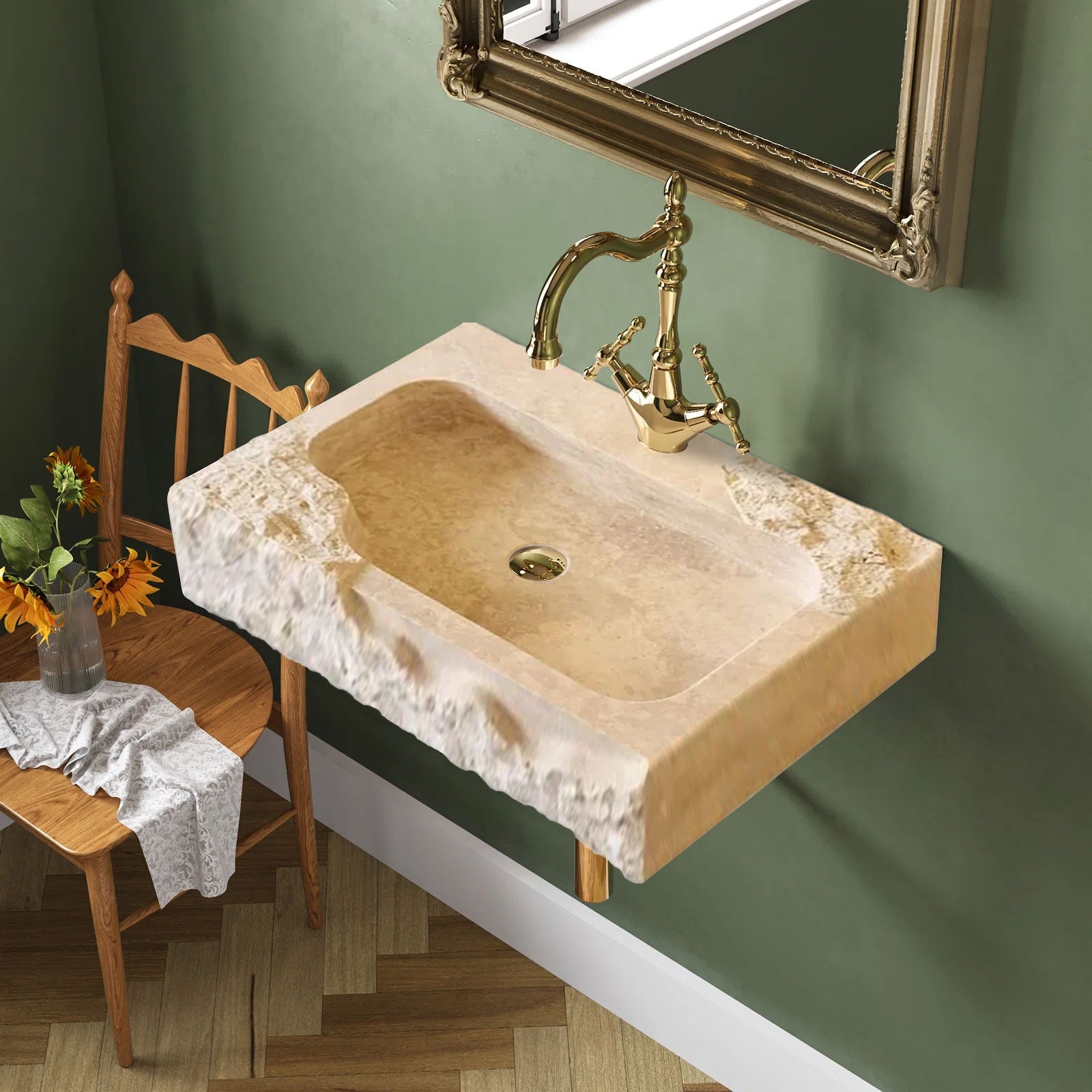Light Travertine Rustic Textured Edge Wall-Mount Bathroom Sink