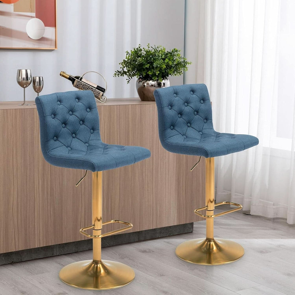Tufted Fabric Bar Stool Set Of 2 Blue Upholstered Swivel Counter Height Chairs