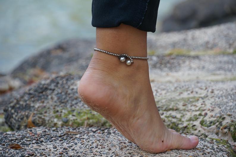 Turquoise Elephant Boho Anklet Silver Beaded Foot Jewelry